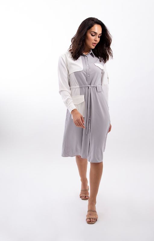 STATIC WAISTED POCKET SHIRT DRESS COLORBLOCK