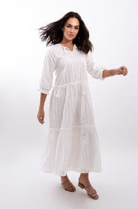 STATIC EYELET TIERED MIDI DRESS
