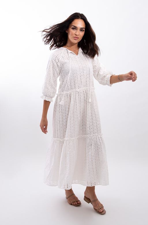 STATIC EYELET TIERED MIDI DRESS