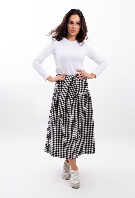 STATIC GINGHAM BELTED MIDI SKIRT