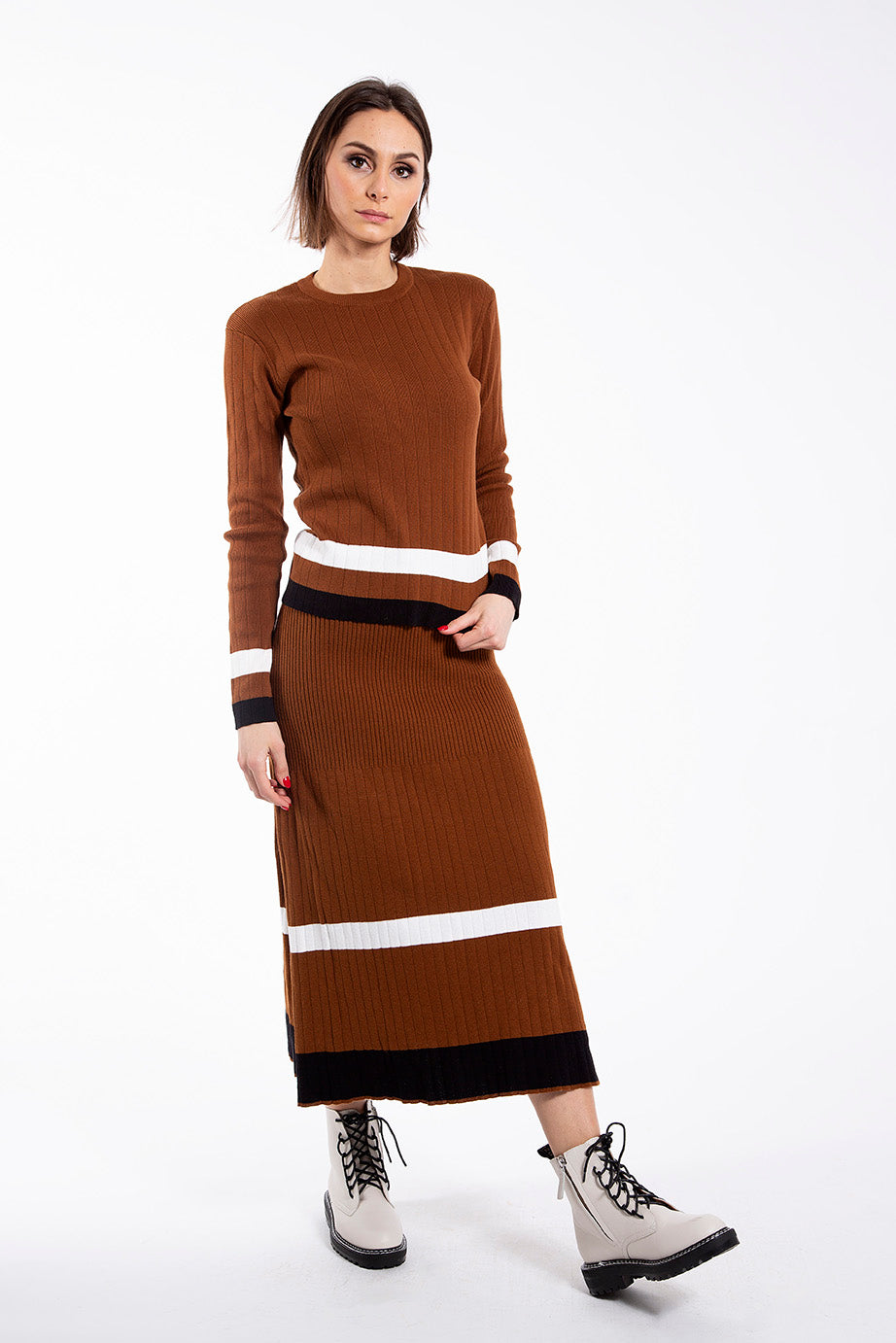 STATIC STRIPED CONTRAST MIDI SKIRT