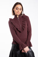 STATIC RUFFLE V ZIP SWEATER