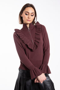 STATIC RUFFLE V ZIP SWEATER