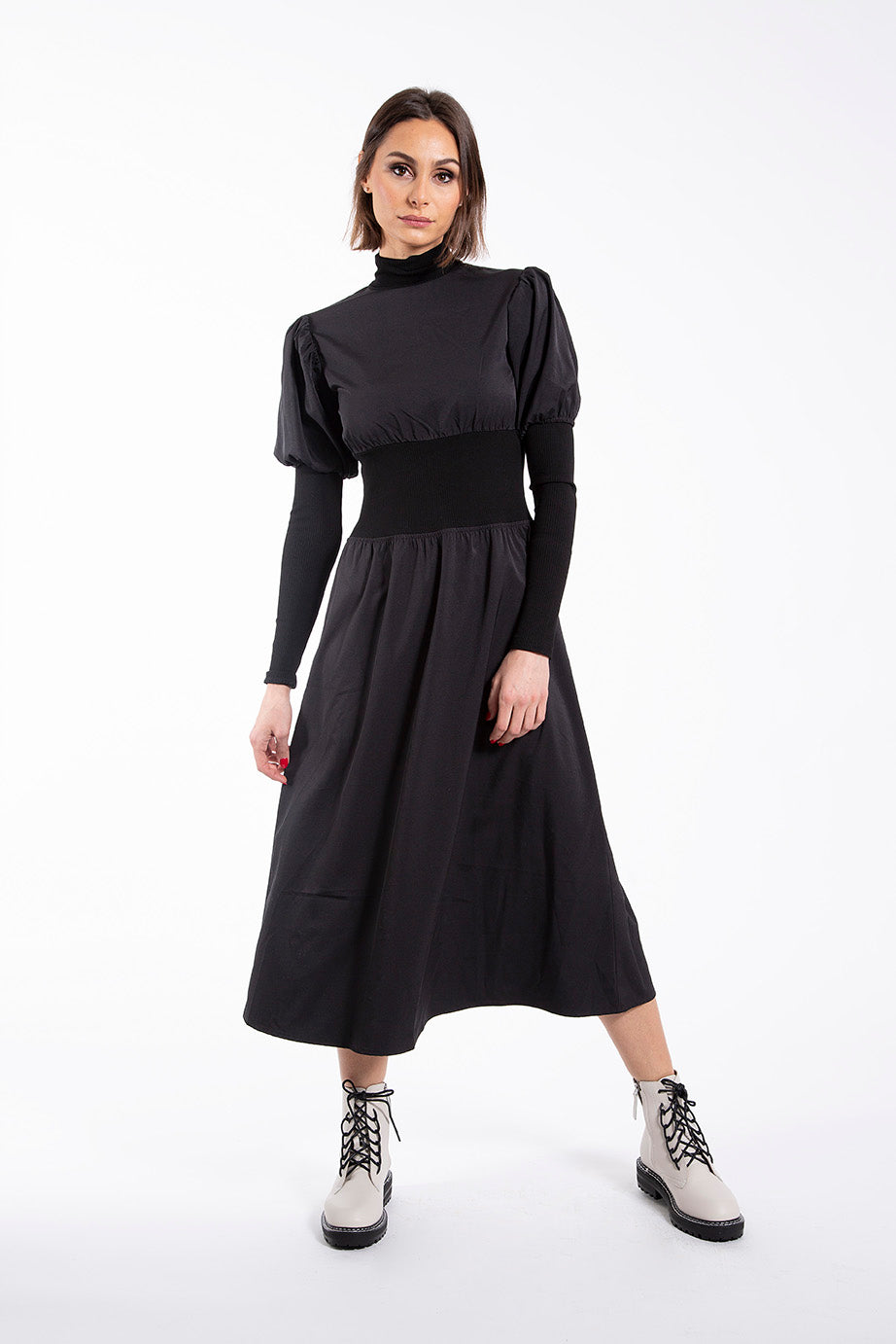 STATIC RIBBED WAIST AND SLEEVE DRESS