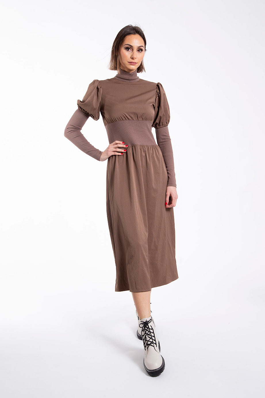 STATIC RIBBED WAIST AND SLEEVE DRESS