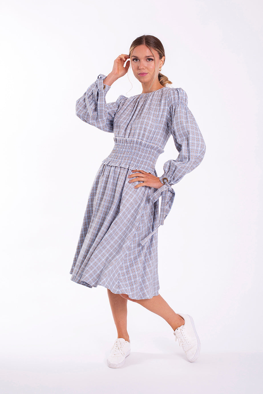 STATIC PLAID TIE CUFF WAISTED DRESS