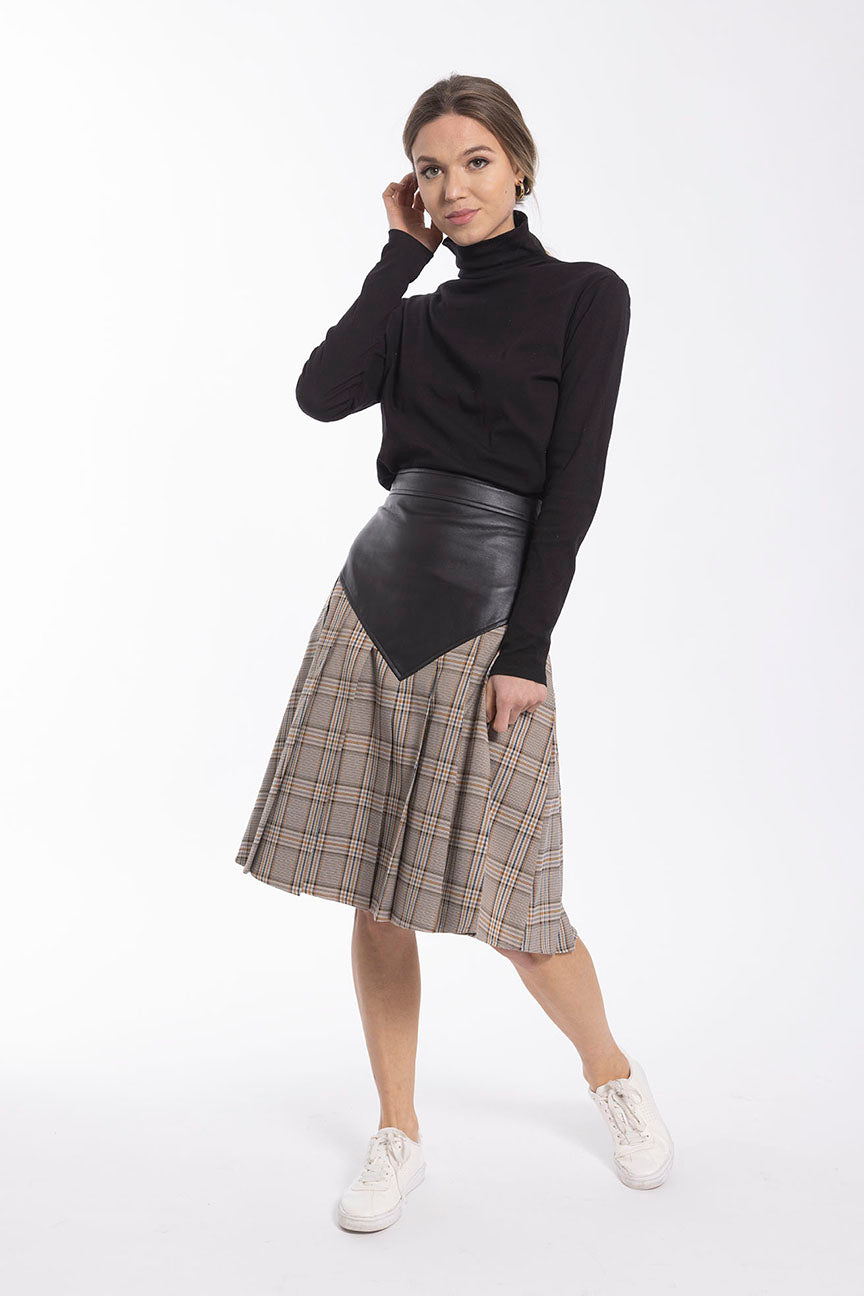 STATIC PLAID AND LEATHER COMBO SKIRT