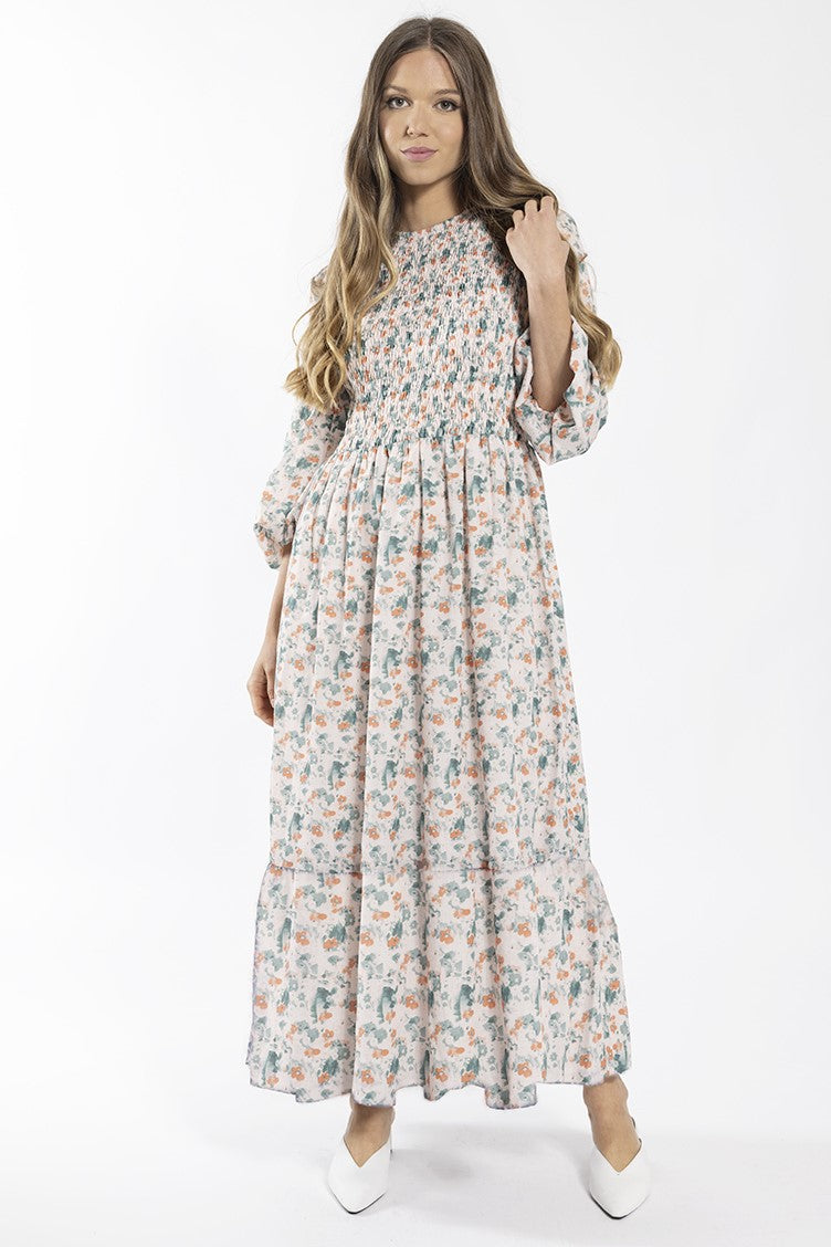 STATIC FLORAL SMOCKED MAXI DRESS