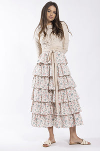 STATIC EYELET FLORAL LAYERED MIDI SKIRT