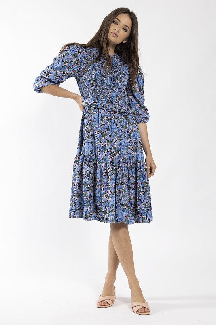 STATIC SMOCKED PUFF SLEEVE FLORAL DRESS