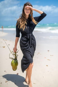 THIRD JERSEY DRAPED BELTED SHIRTDRESS