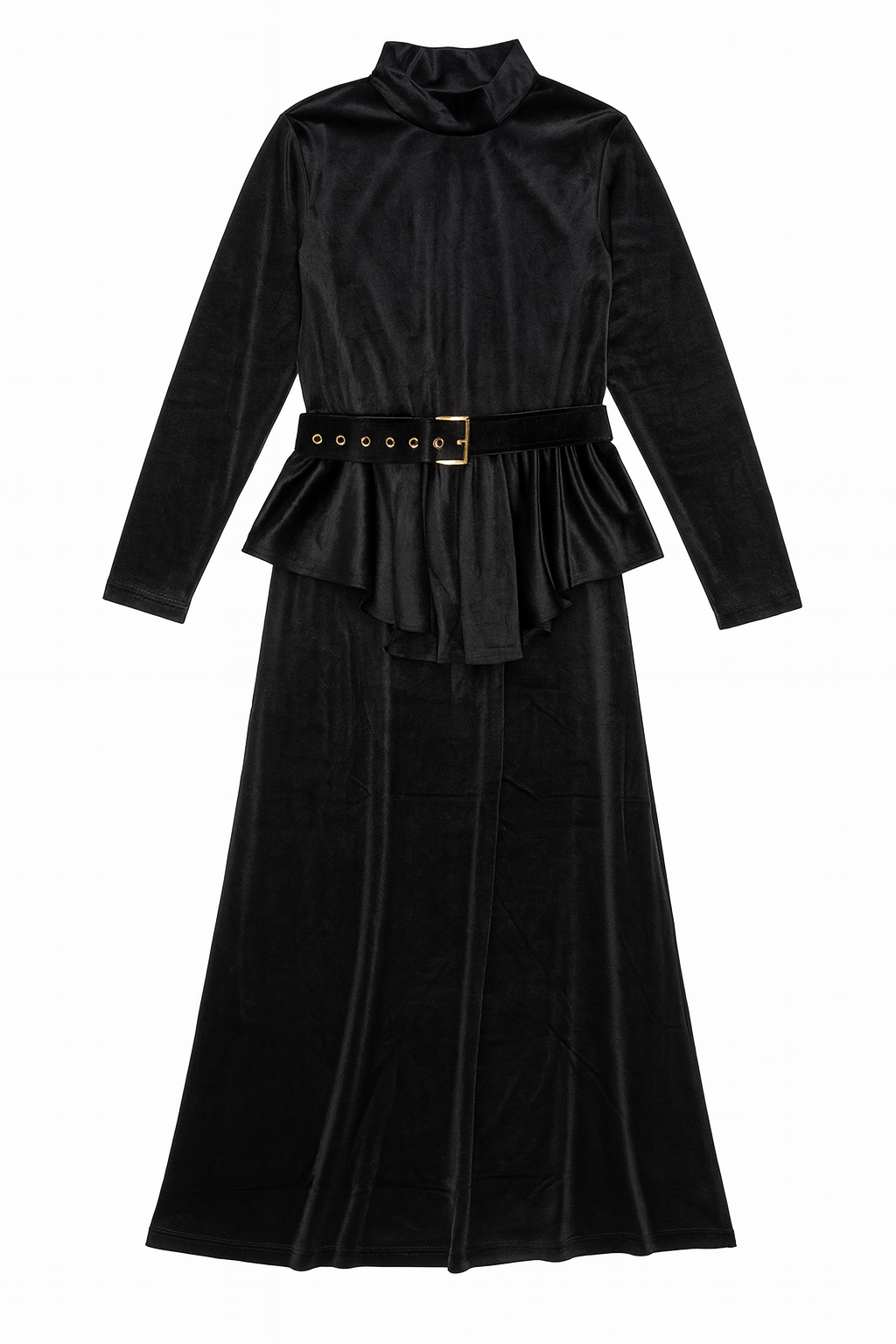 EPIK RUFFLE-WAIST VELVET BELTED DRESS