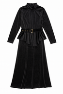 EPIK RUFFLE-WAIST VELVET BELTED DRESS