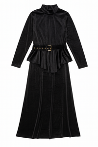 EPIK RUFFLE-WAIST VELVET BELTED DRESS