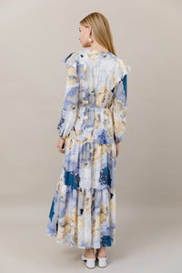 APPARALEL GEOMETRIC RUFFLE SHOULDER MAXI DRESS