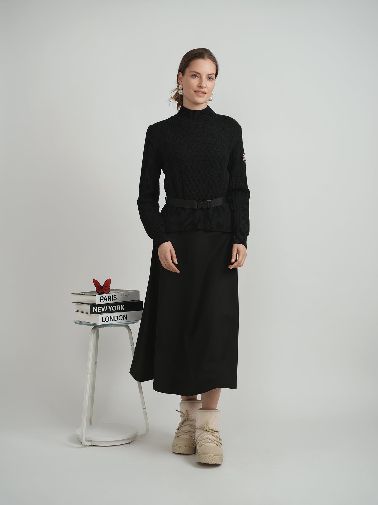 MIUMAX CABLE KNIT SWEATER W BELT