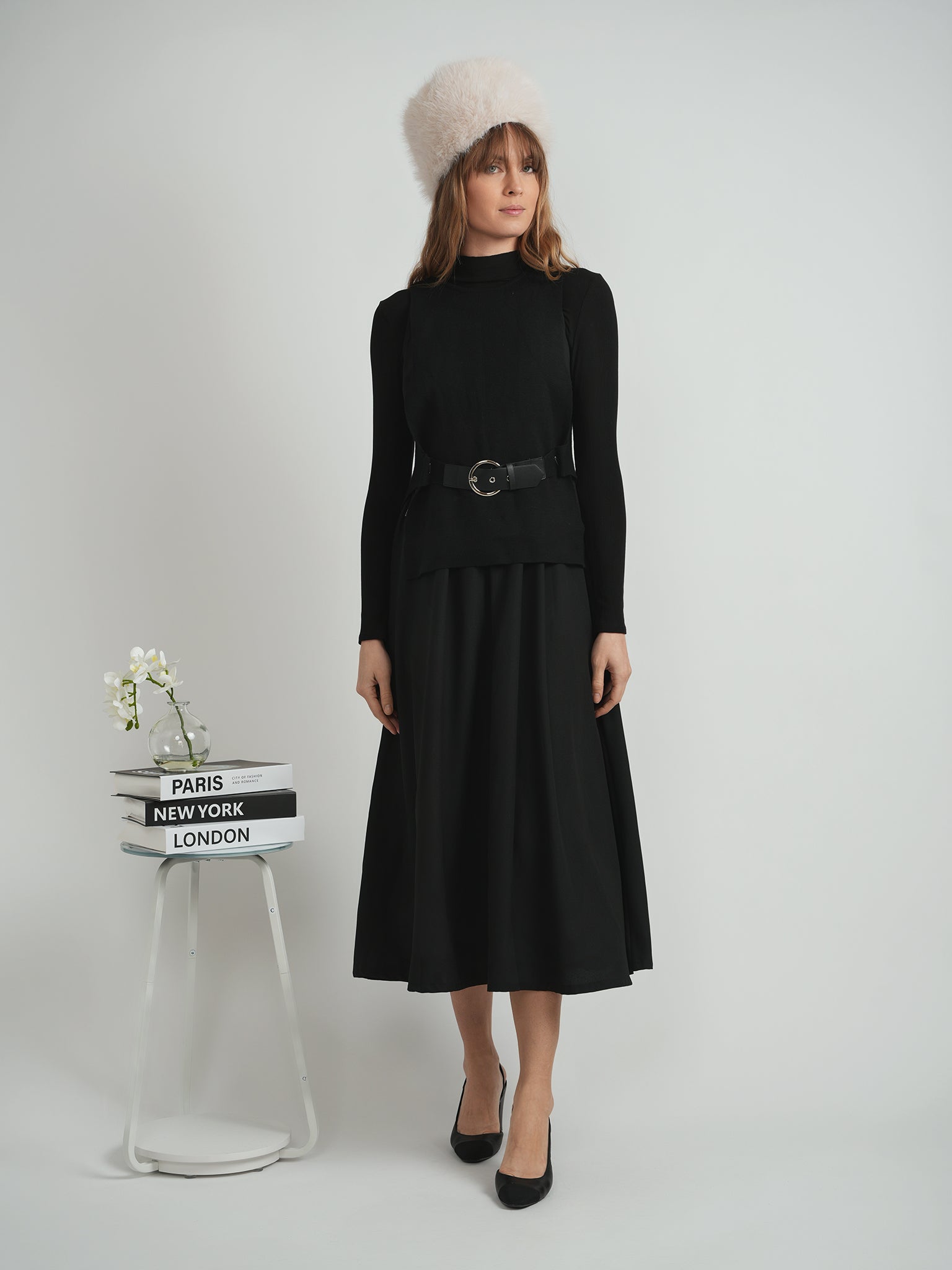 E. U. X. EXCLUSIVE BELTED VEST CREPE JUMPER