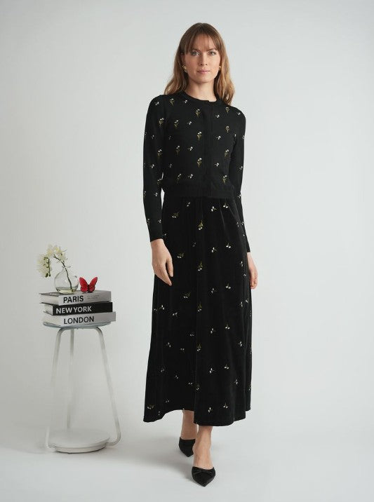 BIRCH SET - EMBROIDERED VELOUR MAXI JUMPER W KNIT CARDI