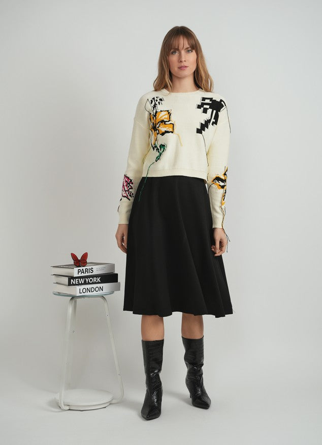 DOT CROPPED FLORAL FRINGE SWEATER