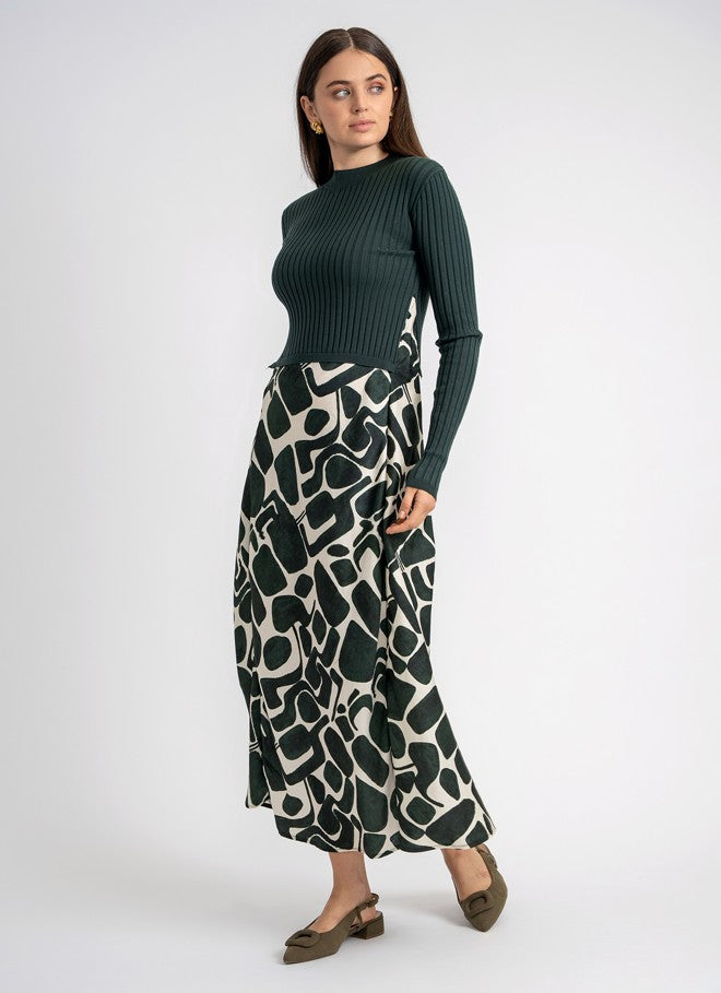 ASPECT (RED) MOCKNECK MIDI PRINTED COMBO DRESS