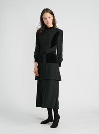 HARPER VELVET DETAILED DRESS W CENTER BUTTON AND DUAL FABRIC