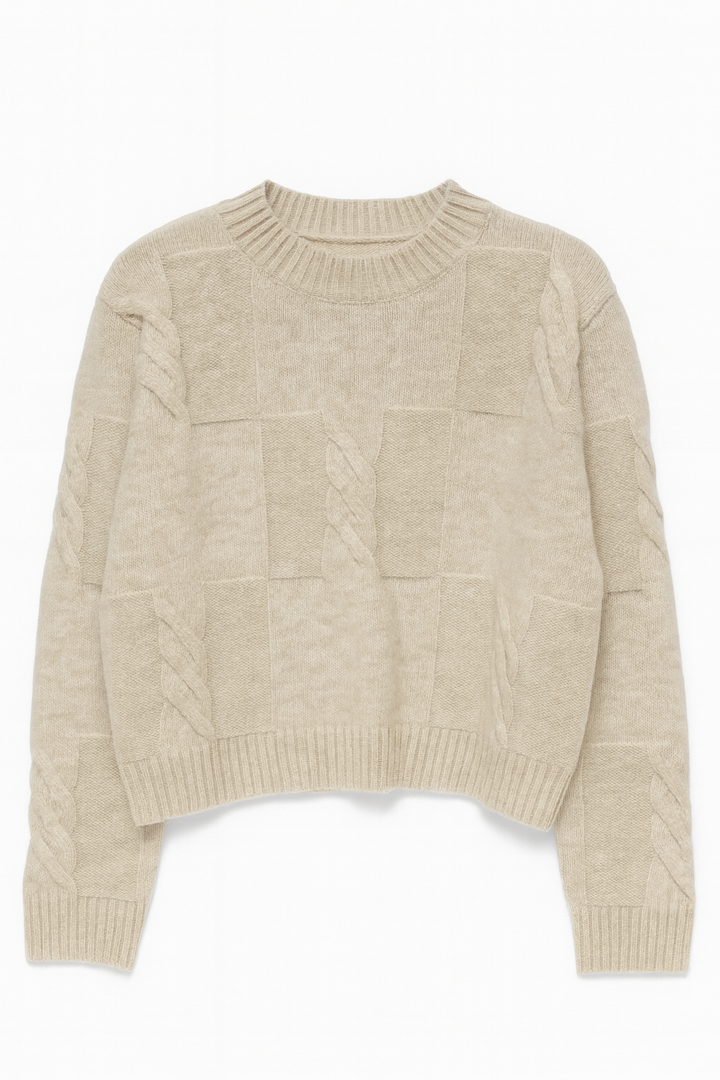 FLAT WHITE KNIT SWEATER W ROUND NECK AND CABLE DETAILS