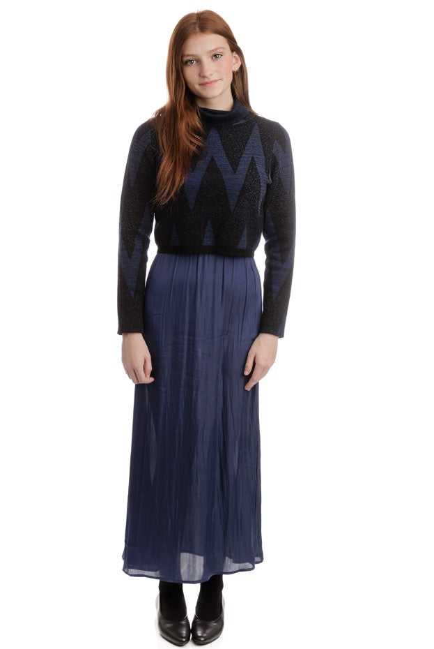 ENGLISH SILKY DRESS W SHIMMER ZIGZAG TOP