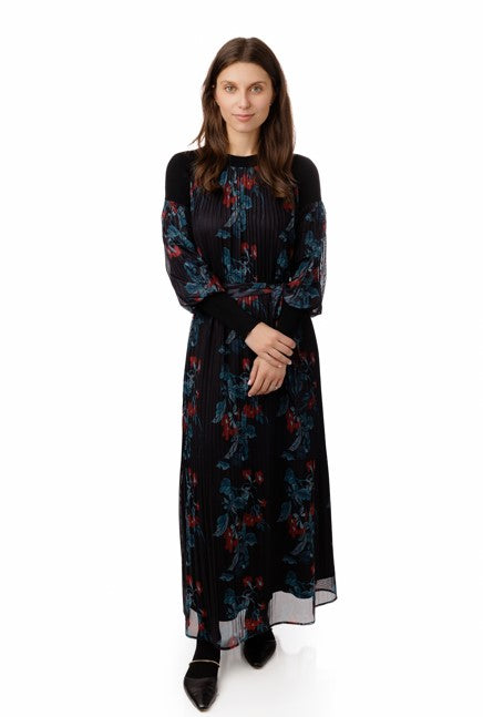 ZOEY + OLIVER PLEATED FLORAL KNIT COMBO BELTED DRESS