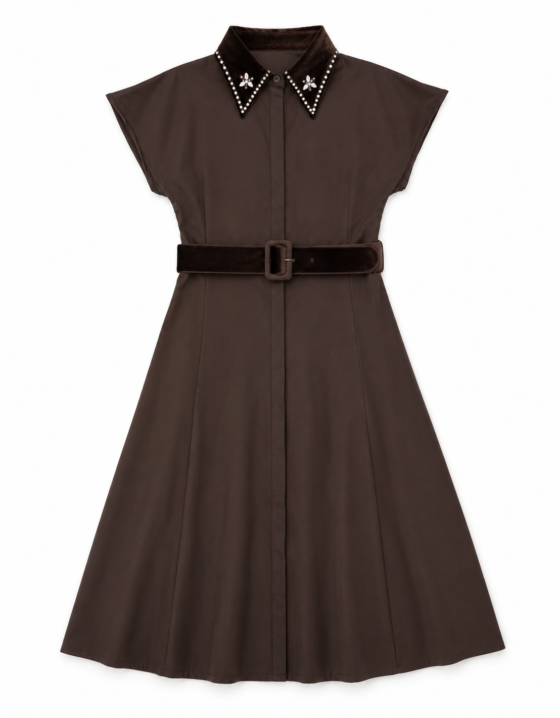 MCQUEEM GEM VELVET COLLARED BUTTON DOWN DRESS W VELVET BELT