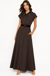MCQUEEM GEM VELVET COLLARED BUTTON DOWN DRESS W VELVET BELT