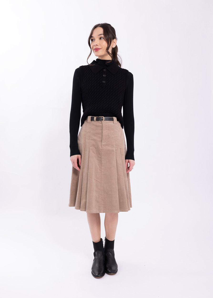 LATITUDE CORDUROY BELTED KNEE LENGTH SKIRT