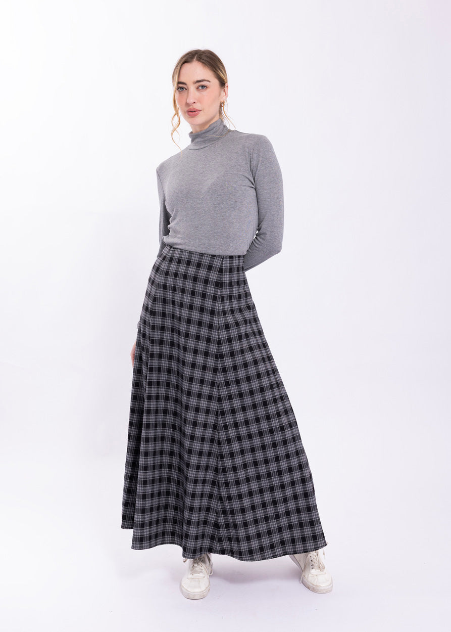 CONCEPT PLAID FLARE MIDI SKIRT