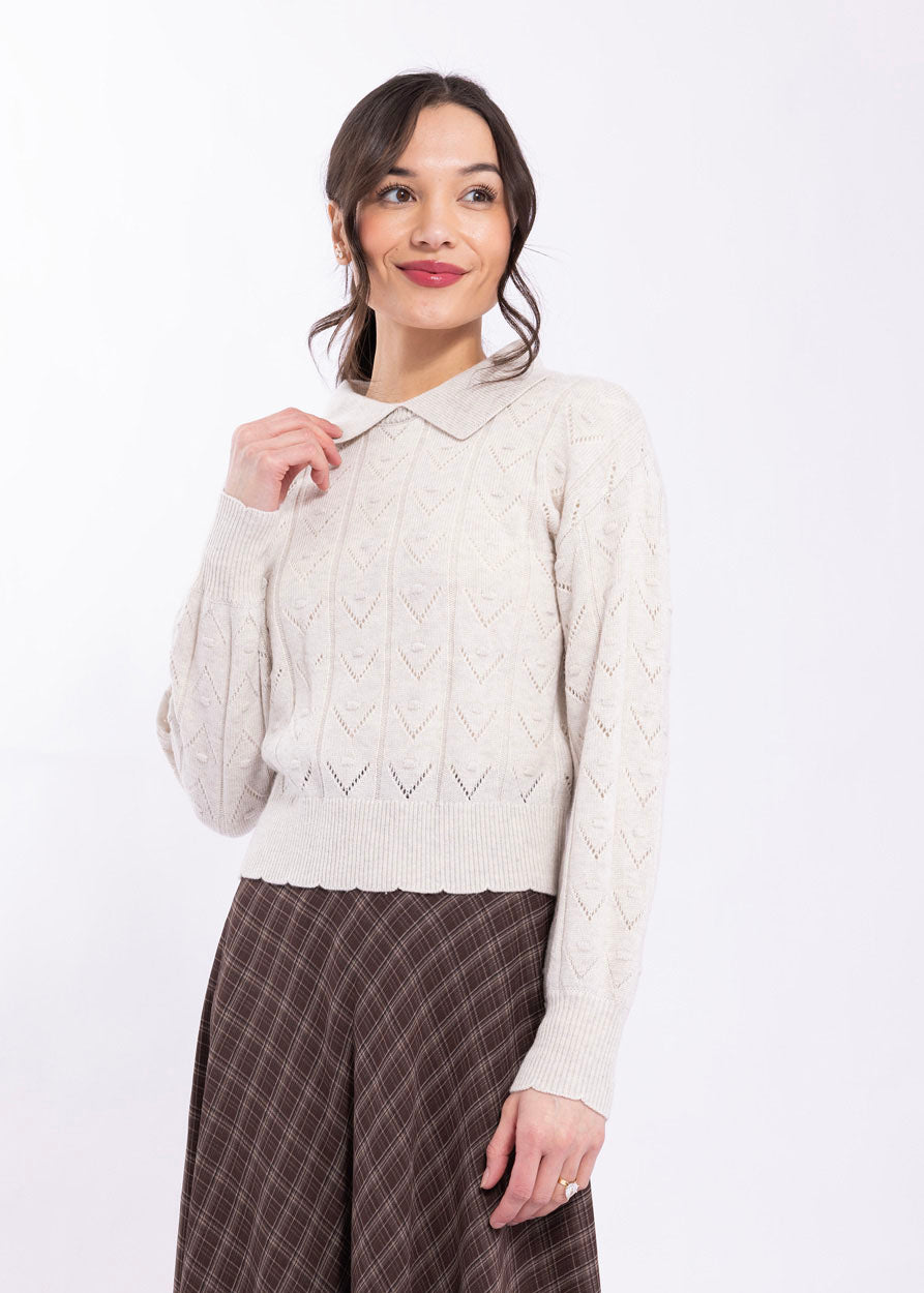 KNITTED POINTELLE SWEATER W/ SCALLOP EDGES