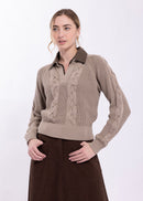 KNITTED CABLE DETAIL SWEATER WITH DENIM COLLAR