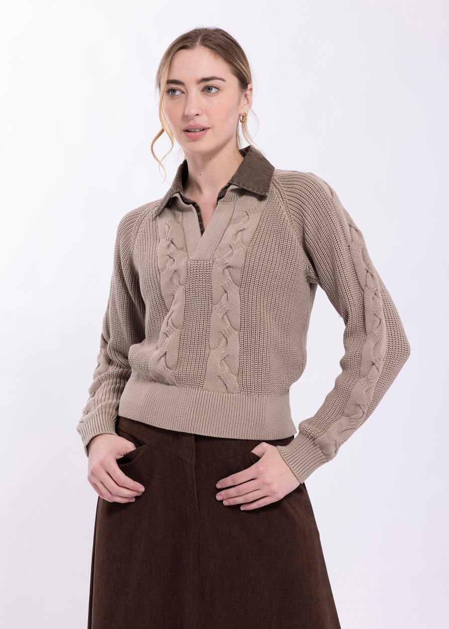 KNITTED CABLE DETAIL SWEATER WITH DENIM COLLAR