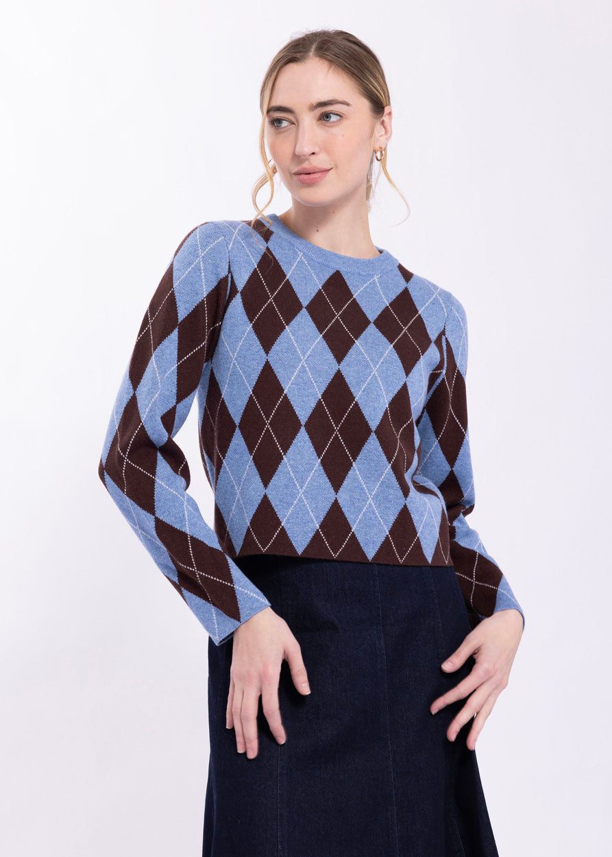 KNITTED ARGYLE CREWNECK SWEATER