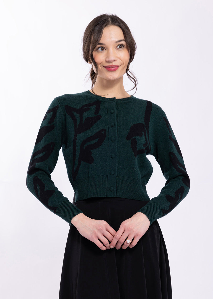 KNITTED JACQUARD CARDI W/ FLORAL INTARSIA