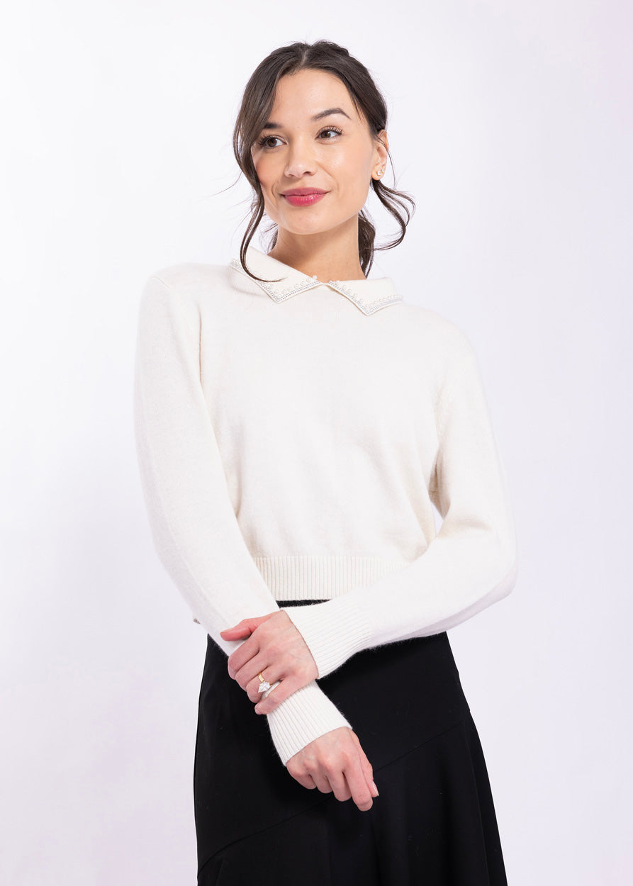 KNITTED CREWNECK WITH EMBELLISHED COLLAR