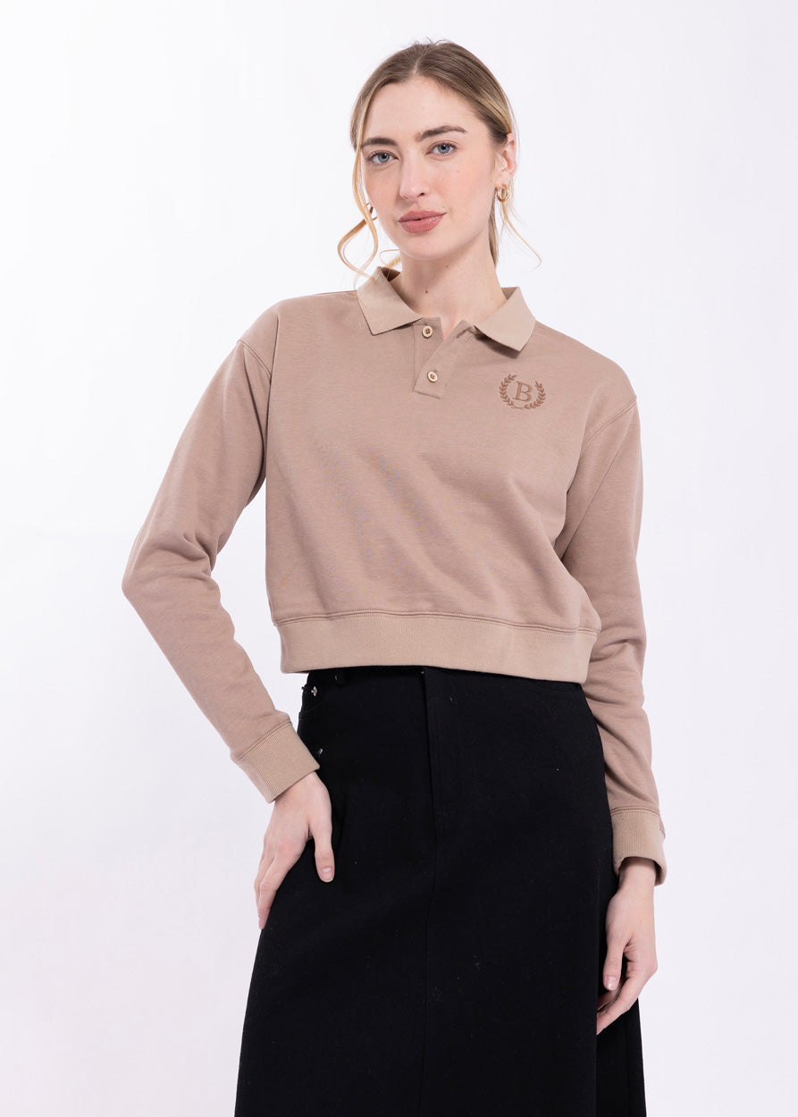 LATITUDE CROPPED POLO SWEATSHIRT W/ EMBROIDERY
