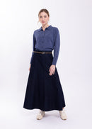 LATITUDE BELTED PANELED DENIM MIDI SKIRT