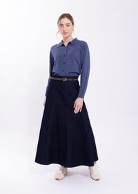 LATITUDE BELTED PANELED DENIM MIDI SKIRT
