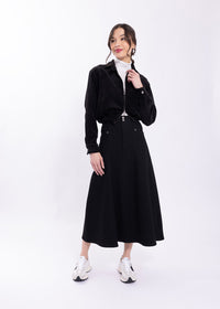 LATITUDE MIDI SKIRT WITH FLY FRONT & GODETS