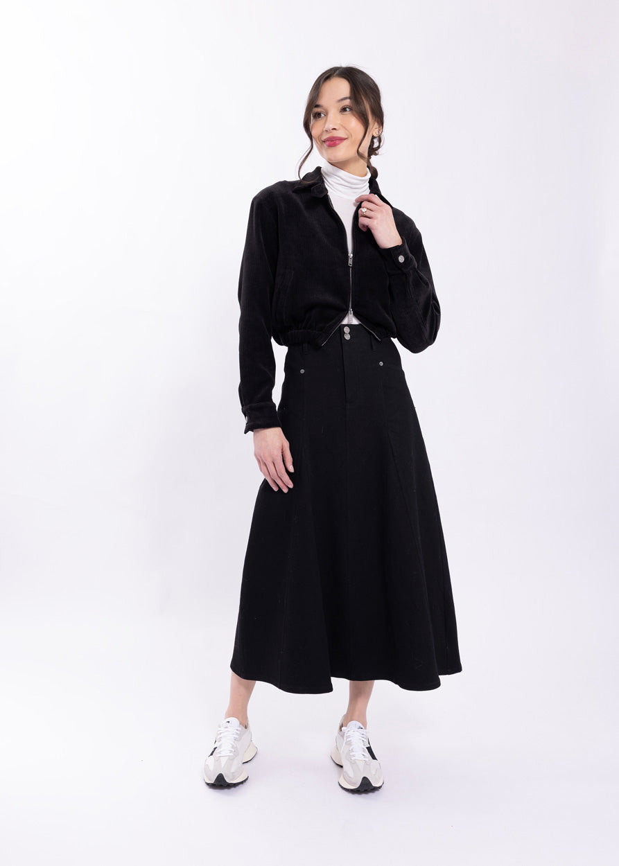 LATITUDE MIDI SKIRT WITH FLY FRONT & GODETS