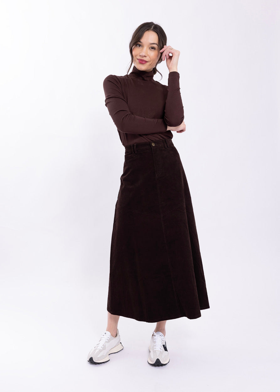 LATITUDE V YOKE CORDUROY MIDI SKIRT