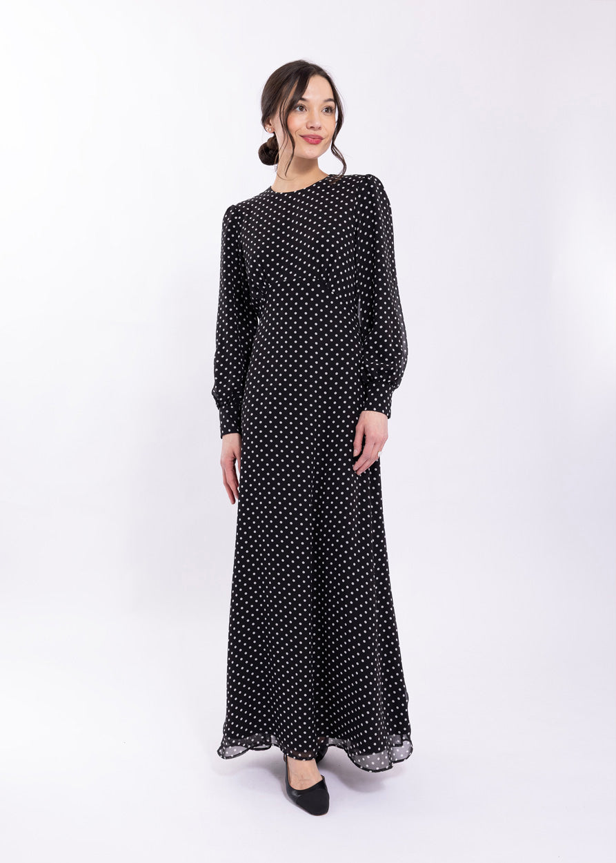 MAPLE & CLIFF EMPIRE WAIST POLKA DOT MIDI DRESS