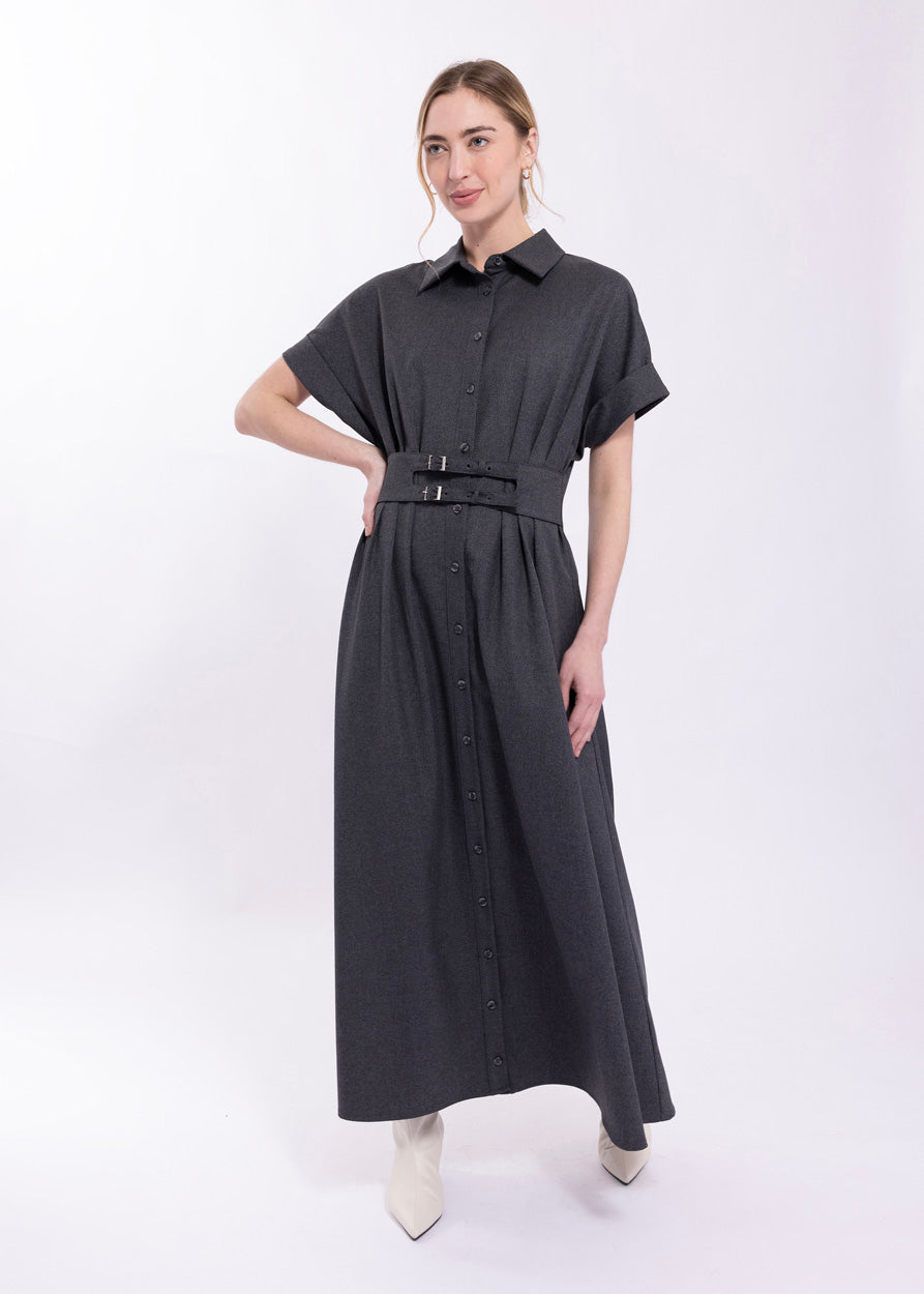 MAPLE & CLIFF DOUBLE BELT CAP SLEEVE MIDI DRESS